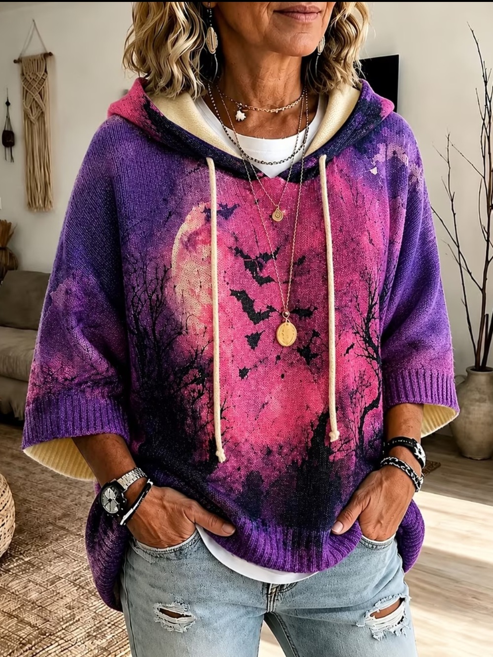 (A9) Gradient Bats & Moon Print Sweater